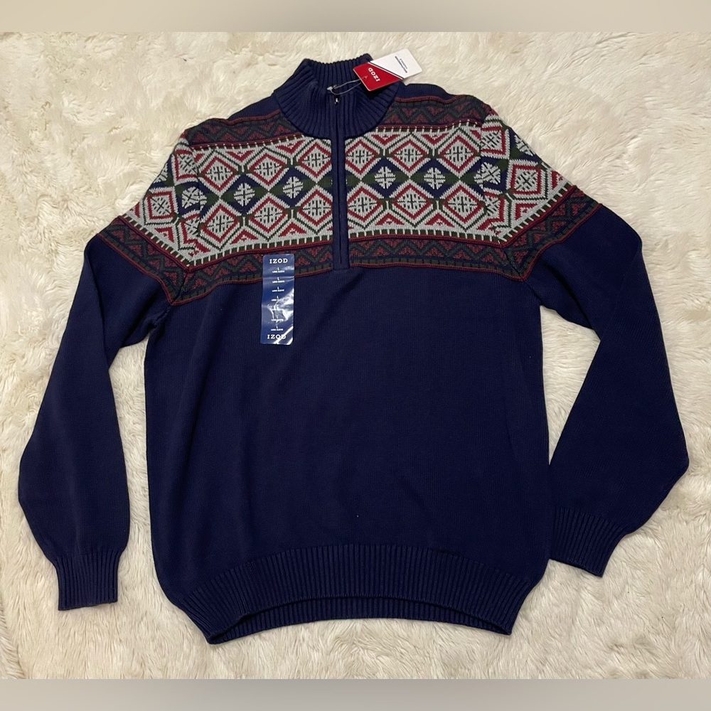 NEW * Izod Fair Isle ¼-Zip Sweater, Blue/Green/Maroon/Gray, Men’s size Large